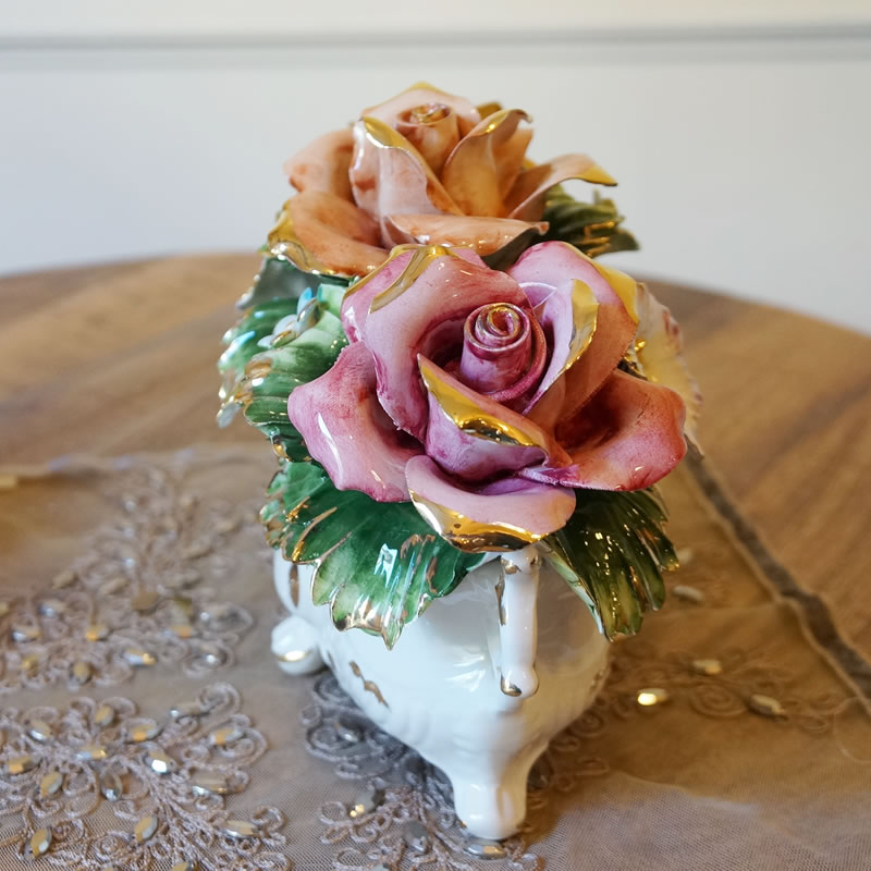 イタリア製 陶器 陶花 オレンジ イエロー 薔薇 置物バラ ピンク 花