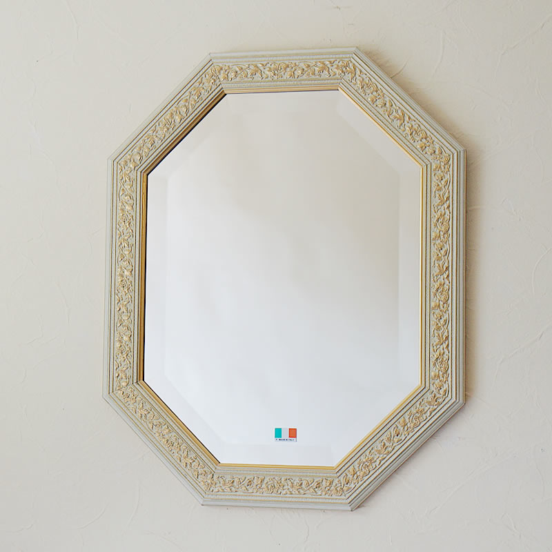 在庫僅少】 イタリア製 八角ミラー Mirror ホワイト ゴールド 送料無料 八角形 鏡 玄関 八角鏡 壁掛け