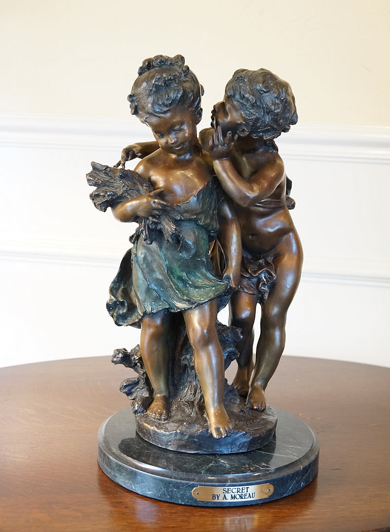アンティーク ブロンズ像 置物 Auguste Moreau オーギュスト モロー作「少年と少女」オブジェ 大理石 ビンテージ
